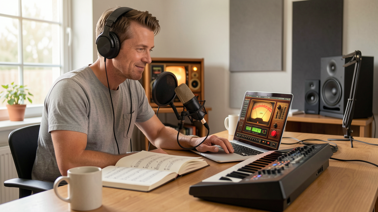 Man at a desk with studio headphones, boom podcast mic with pop filter, sheet music, laptop showing a warm analog create-studio UI.